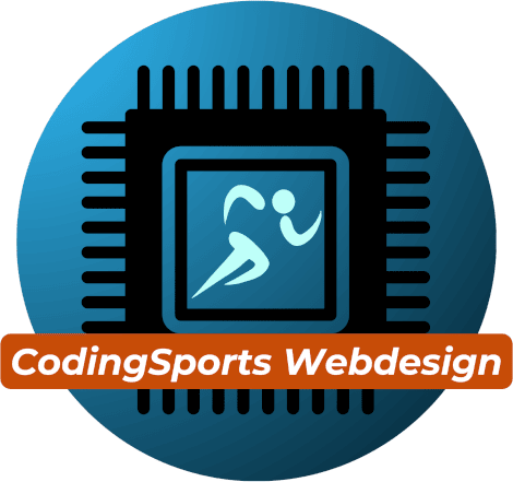 Codingsports Webdesign Aufschrift, Logo mit Computerchip und Läufer in der Mitte